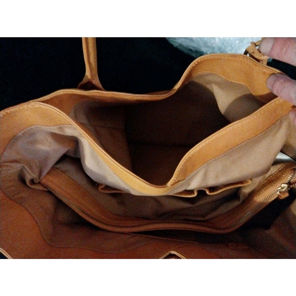 Coldwater Creek Womens Tan Cognac Leather Boho Hobo Shoulder Tote Bag Large - Picture 7 of 13